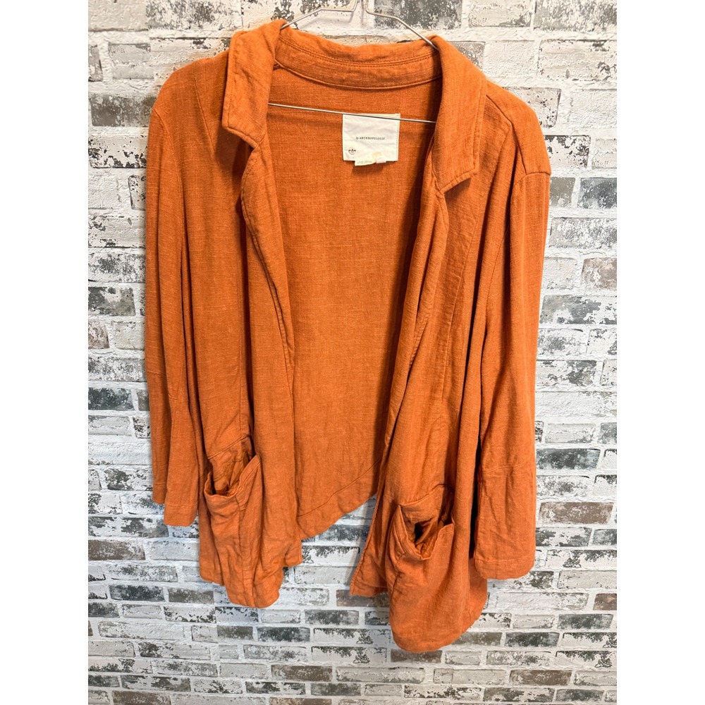Anthropologie Cardigan Jacket Womens 14 Orange Linen Blend Open Front Tulip Back